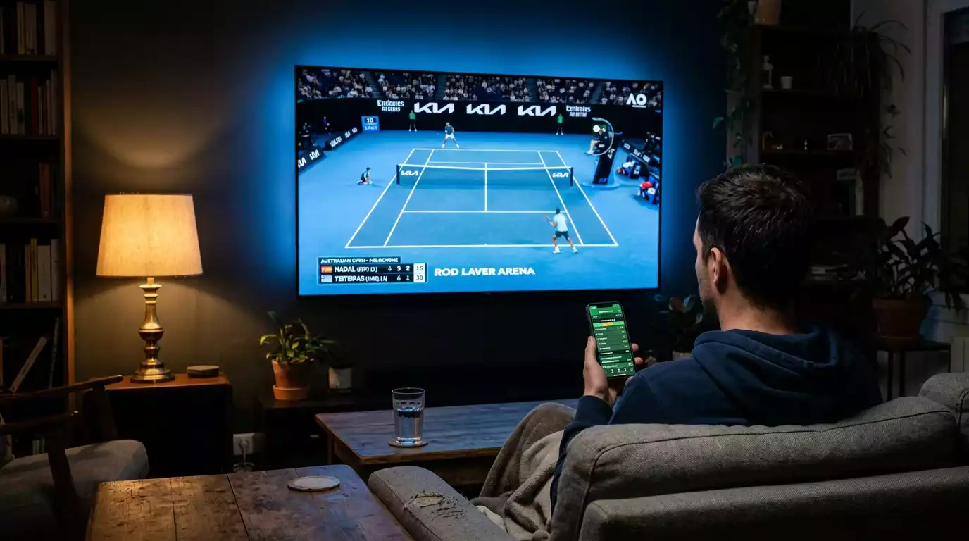 Apostador siguiendo un partido de tenis en vivo con cuotas actualizadas en tiempo real durante el Open de Australia